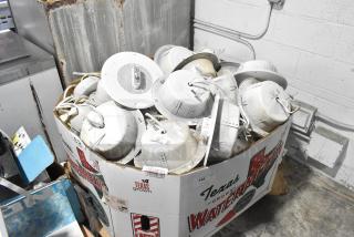 Box of 80 Wheelock CBB-8 speakers, white, used condition. Speakers have visible wiring and mounting hardware.