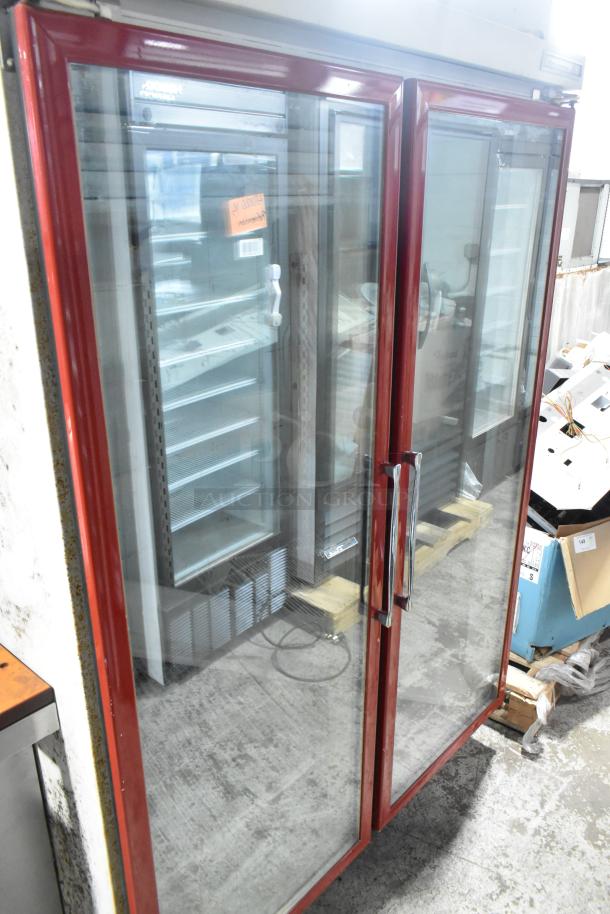 Kelvinator Commercial 2-Door Reach-In Merchandiser, glass doors, red trim, adjustable shelves, used condition.