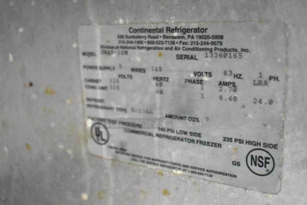 Alt text: Label on Continental SW48-18M Commercial Sandwich Salad Prep Table, showing specifications and safety certifications.