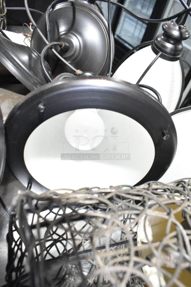 11 assorted light fixtures, featuring metal frames and bulbous shades, in good condition. Auction lot, bid multiplied by 11.