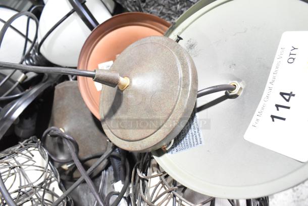 11 assorted light fixtures with varied designs and finishes, includes wiring and mounting plates. Auction tag reads "114 QTY."