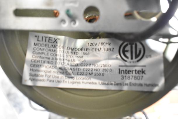 Litex light fixture label, model CPM-1JBZ, 120V/60Hz, certified to UL and CSA standards, suitable for damp locations.