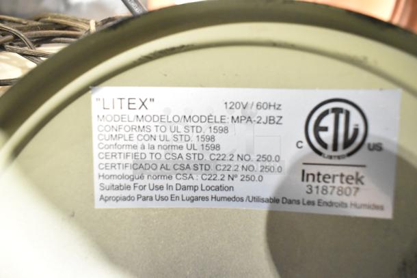 Litex light fixture label, model MPA-2JBZ, 120V/60Hz, UL and CSA certified, suitable for damp locations.