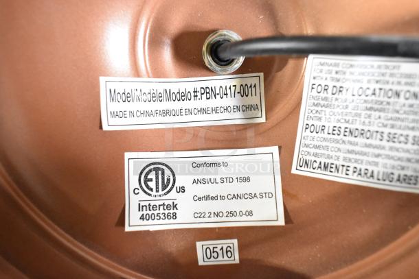Close-up of a light fixture label showing model PBN-0417-0011, made in China, certified to ANSI/UL 1598.