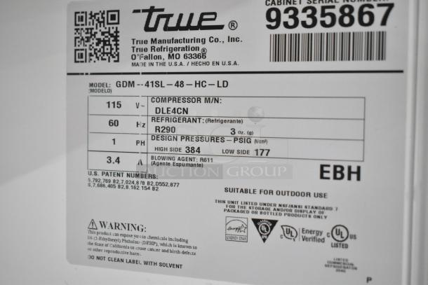 2018 True GDM-41SL-48-HC-LD commercial cooler label, 115V, 1 Phase, R290 refrigerant, Energy Star rated, NSF listed.