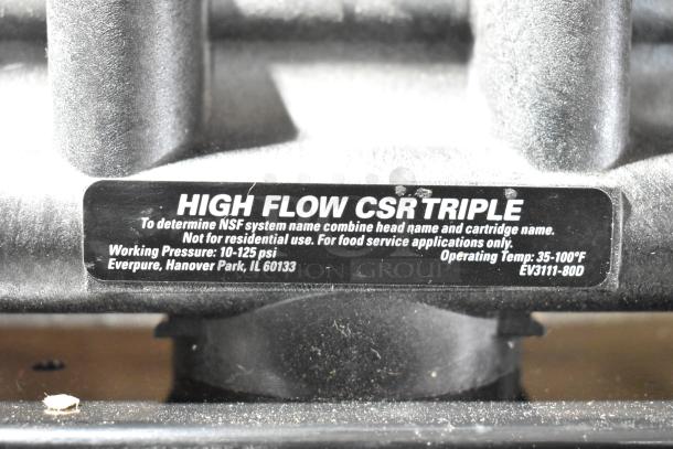 Pentair Everpure Water Filtration System, no cartridges, model EV3111-80D. High flow CSR triple, for food service. Working pressure: 10-125 psi.