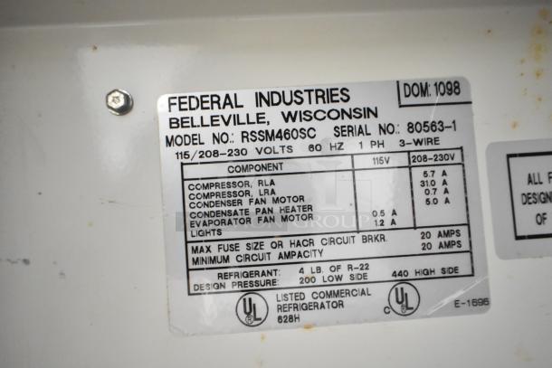 Federal Industries RSSM460SC label, details voltage and amperage. Model and serial numbers visible. Ideal for commercial use.