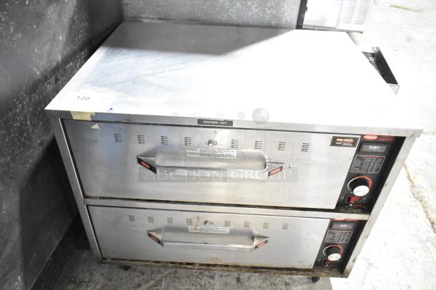 Hatco HDW-2 Commercial 2 Drawer Warming Drawer, 120V, 1 Phase. Features durable stainless steel, visible controls, "Caution: Hot" label.