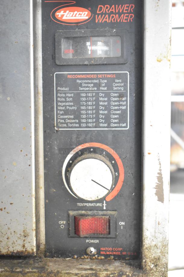 Hatco HDW-2 commercial 2 drawer warming drawer features temperature control and recommended settings. Shows signs of wear. 120V, 1 Phase.