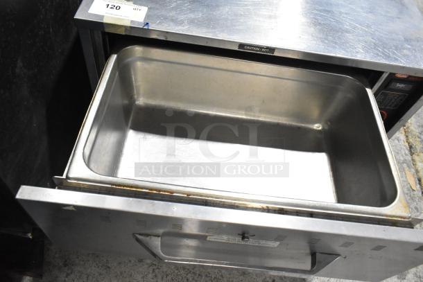 Hatco HDW-2 Commercial 2 Drawer Warming Drawer, stainless steel, open drawer, label shows 120 volts, 1 phase.