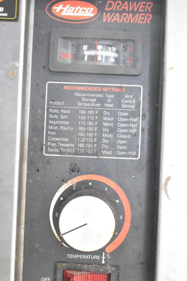 Hatco HDW-2 Commercial 2 Drawer Warming Drawer with temperature control and recommended settings chart, 120V, 1 Phase.