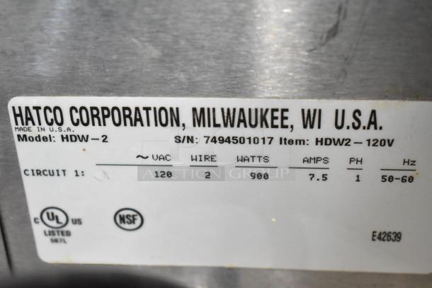 Hatco HDW-2 Commercial 2 Drawer Warming Drawer label. Made in USA, 120V, 900W, UL and NSF listed. Serial: 7494501017.