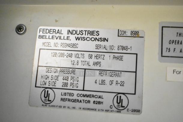 Federal Industries RSSM460SC model label, 115/208-230 volts, 60 hertz, 1 phase, 12.8 amps, R-22 refrigerant.