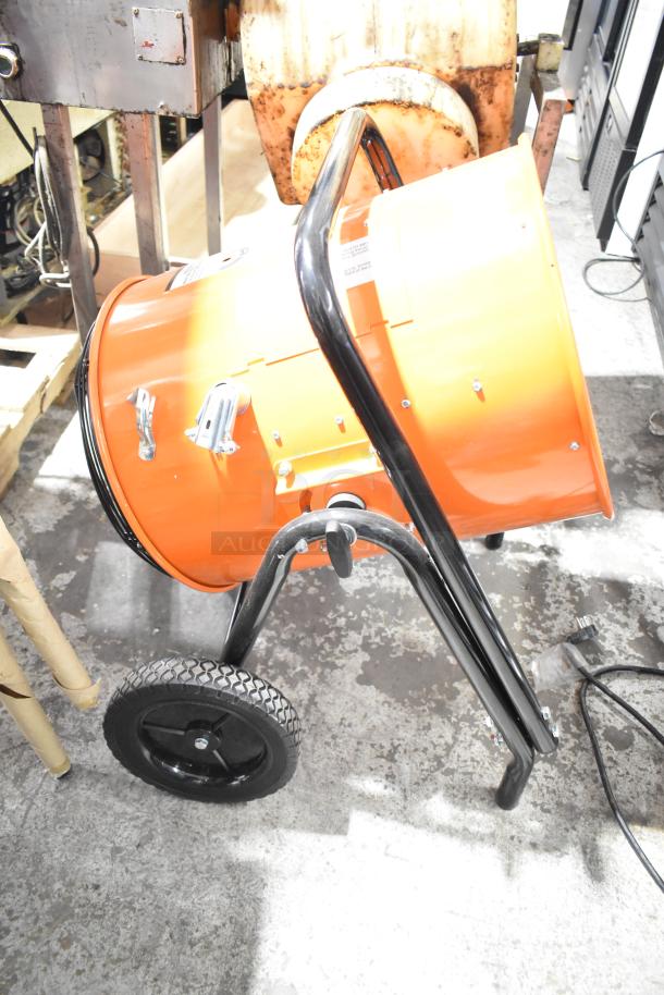 BRAND NEW 2024 Boltic SHAG-K07F Electric Salamander Heater, 208V, 3 Phase, portable, minor scratches, orange drum, black wheels.