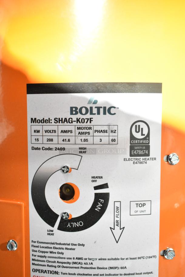 Boltic SHAG-K07F electric salamander heater, 208V, 3 phase, UL certified. New, scratch and dent condition.