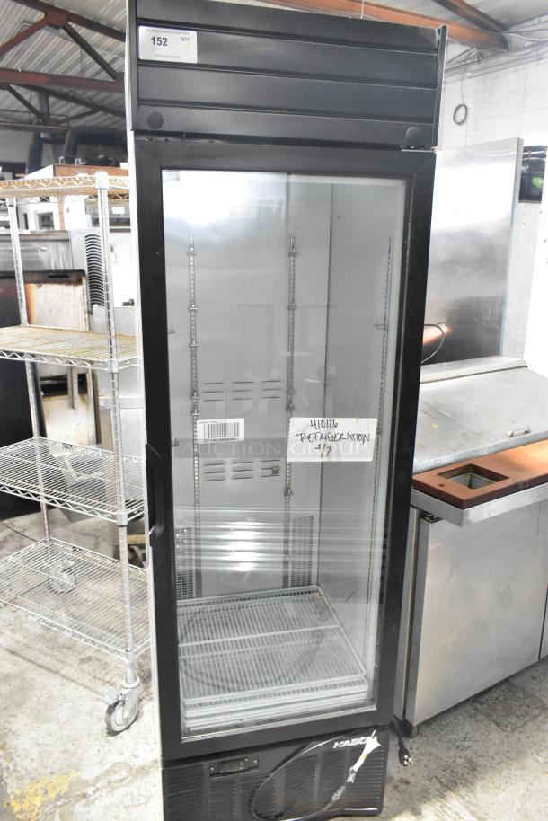 2019 Habco SE18 commercial single-door reach-in cooler, 115 volts, used condition. Glass front, internal shelving visible.