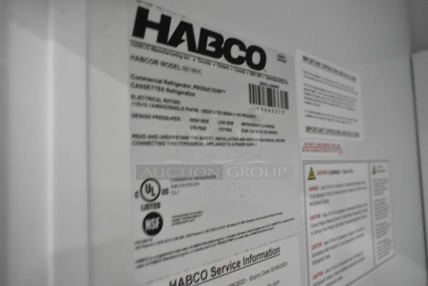 2019 Habco SE18 Reach In Cooler label showing model, 115V, 1 Phase, UL and NSF listed, with service details.