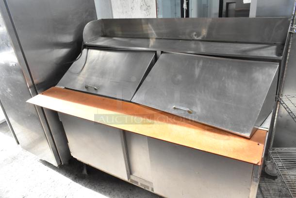 Beverage Air commercial sandwich salad prep table, mega top, dual doors, stainless steel finish, on casters, 115V, 1 phase.