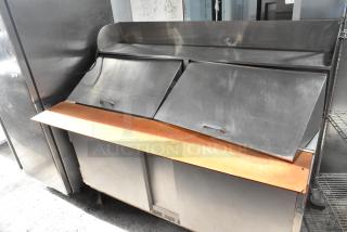 Beverage Air commercial sandwich salad prep table, mega top, dual doors, stainless steel finish, on casters, 115V, 1 phase.