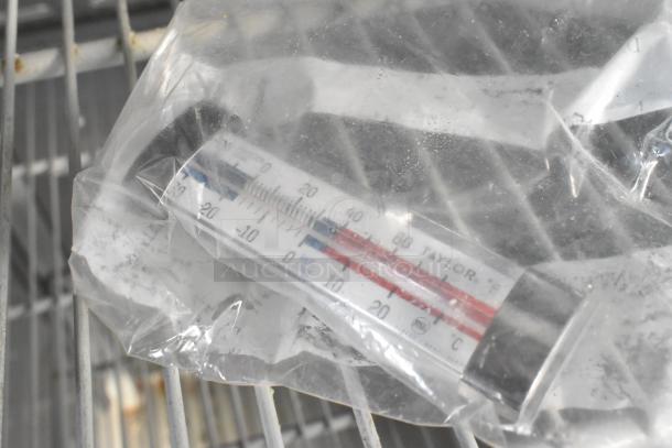 Close-up of a Taylor thermometer encased in a plastic bag, placed on metal shelving inside a Hoshizaki CF1B-FS freezer.
