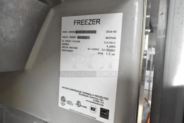 Hoshizaki CF1B-FS Commercial Freezer label showing 115 volts, 1 phase, 9 amps, refrigerant 404A, and design pressures.