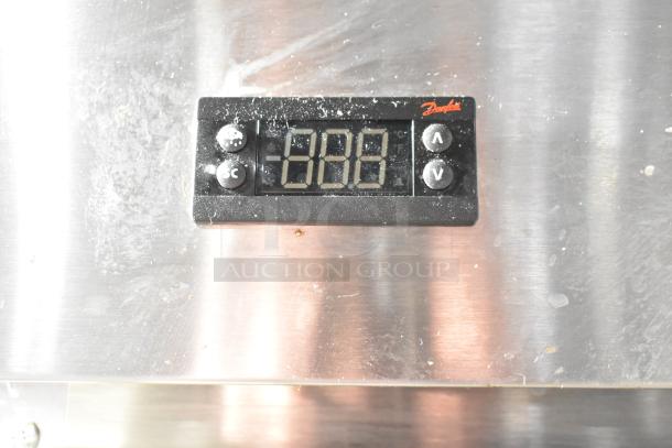 Digital control panel of Hoshizaki CF1B-FS Commercial Freezer, displaying "-88.8" on stainless steel surface, slightly worn.