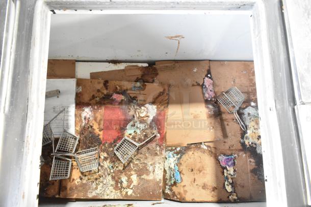 Excellence HFF-12-HC commercial chest freezer, visible wear and debris inside, 3 center hinge lids, 115 volts, 1 phase.