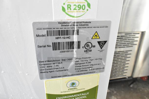 Excellence HFF-12-HC commercial chest freezer label, showing model, serial number, voltage, refrigerant type, and energy data.