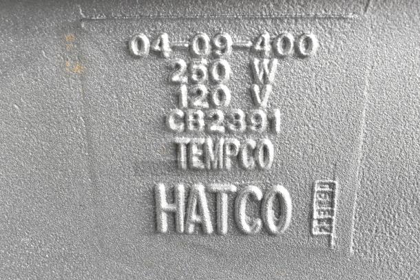 Hatco Countertop Food Warmer label showing 250W, 120V, CB2391, and Tempco branding.