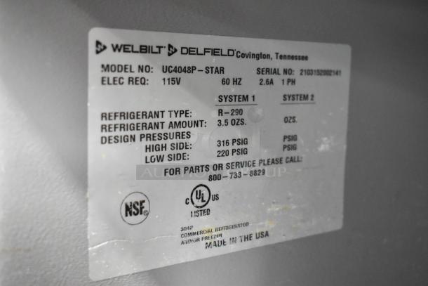 Label of 2021 Delfield UC4048P-STAR Undercounter Cooler, 115V, R-290 refrigerant, NSF, UL certified, made in the USA.