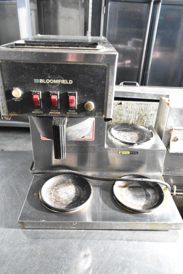 Bloomfield 8571 countertop 3 burner coffee machine, stainless steel, 120 volts, used condition, visible wear.