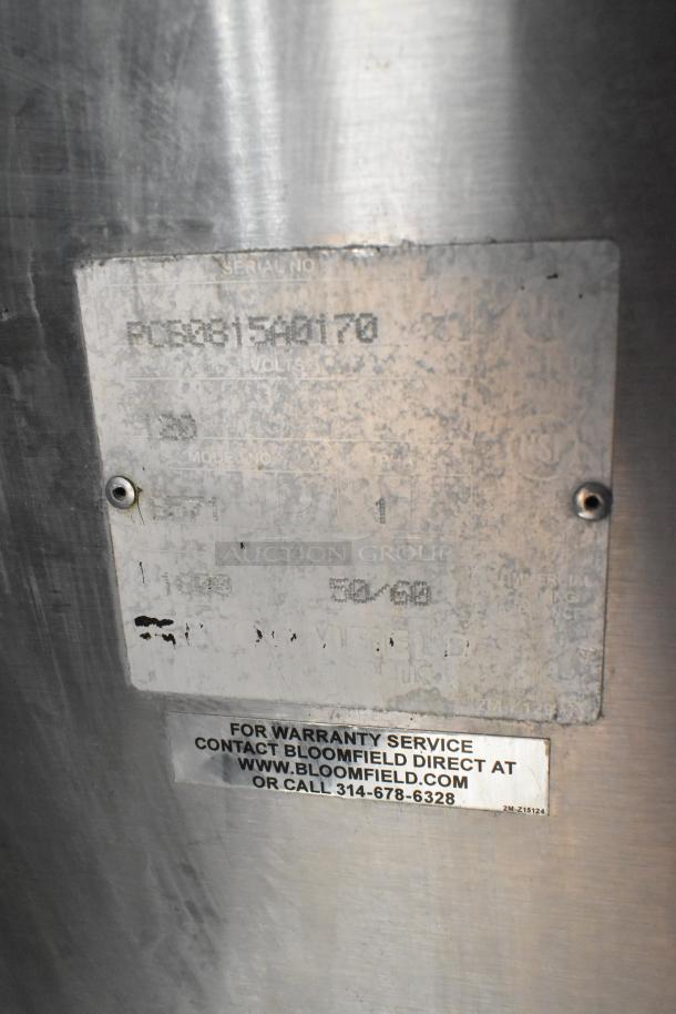 Bloomfield 8571 Countertop Coffee Machine, 3 burners, 120V, 1 phase. Visible serial number and warranty service contact info.