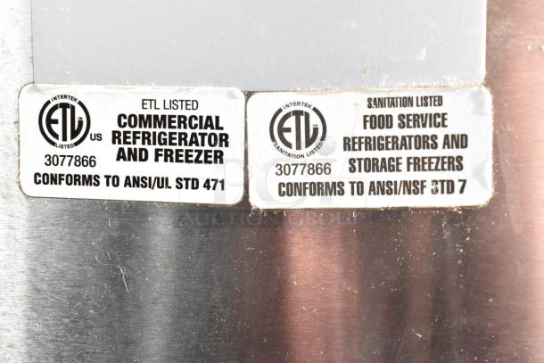 ETL labels on Commercial 2 Door Undercounter Cooler, confirming ANSI/UL STD 471 and ANSI/NSF STD 7 compliance.