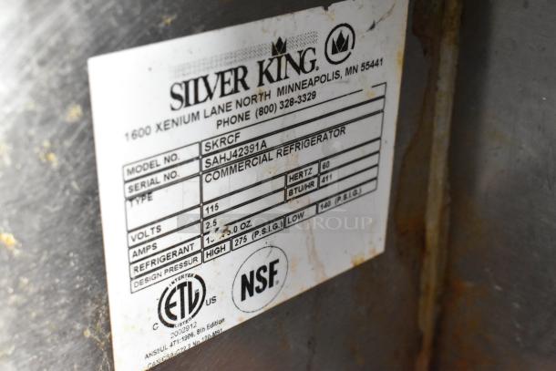 Silver King SKRCF Commercial Refrigerated Rail, 115V, 1 Phase. Label shows model, serial number SAHJ42391A, ETL, NSF certified.