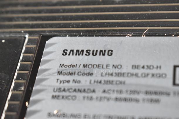 Samsung BE43D-H 43" TV label showing model code LH43BEDHLGFXGO, 110-127 volts, not available for shipping.