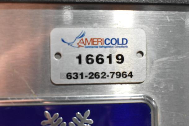 Manitowoc commercial ice machine head on bin with AmeriCold tag, item number 16619, contact 631-262-7964.