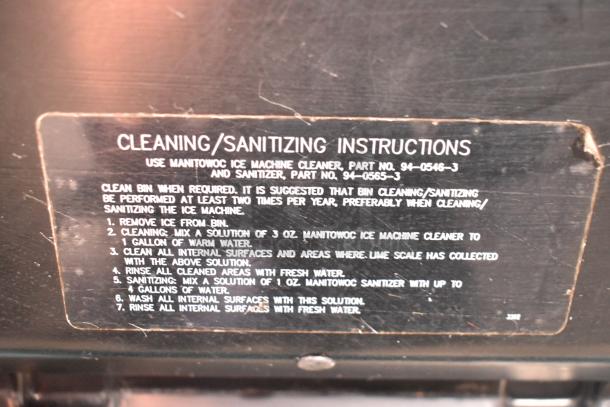 Manitowoc ice machine label with cleaning instructions and part numbers 94-0546-3, 94-0565-3.