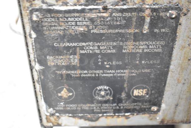 Vulcan PSA36-101 griddle label showing model info, 81,000 BTU, NSF certification, and made for commercial use.