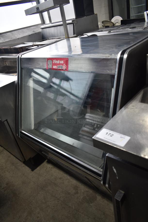 Cooltech CTR-36CD deli display case, commercial floor style. Stainless steel, glass front, 115V, 1 phase, Yelp sticker on top.