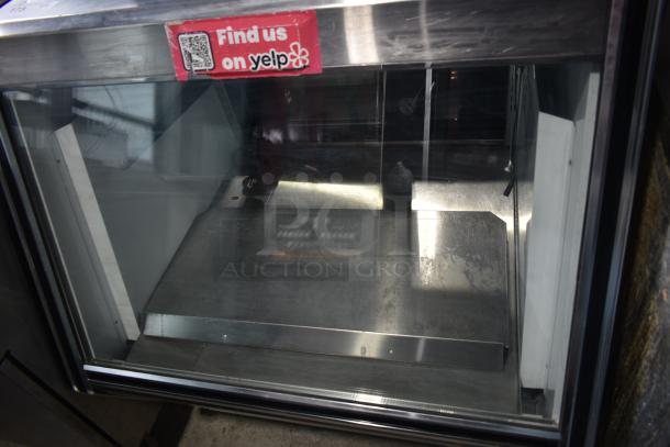 Cooltech CTR-36CD deli display case, commercial floor style, stainless steel, glass front, 115V, 1 phase, "Find us on Yelp" sticker.