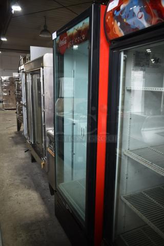 Metalfrio NG26CHC commercial single door reach-in cooler merchandiser, 115 volts, 1 phase; Coca-Cola branding, glass front.