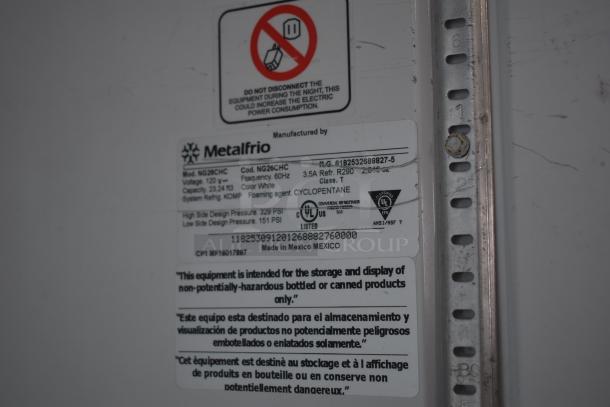 Metalfrio NG26CHC Commercial Cooler label showing model, voltage (115V), phase (1), and usage instructions.