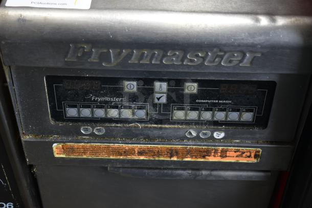 Frymaster PH155CSD commercial gas fryer, 105,000 BTU, with 2 metal baskets, visible control panel, and warning label.