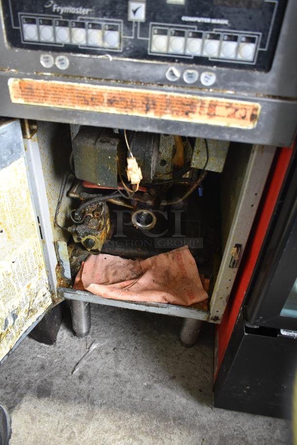 Frymaster PH155CSD commercial gas fryer, open access panel showing internal components, visible wear, includes control panel.