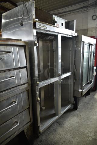 Beverage Air PF48-1AHS commercial reach-in cooler, missing doors, 4 half-size sections, 115V, 1 phase, visible wear.