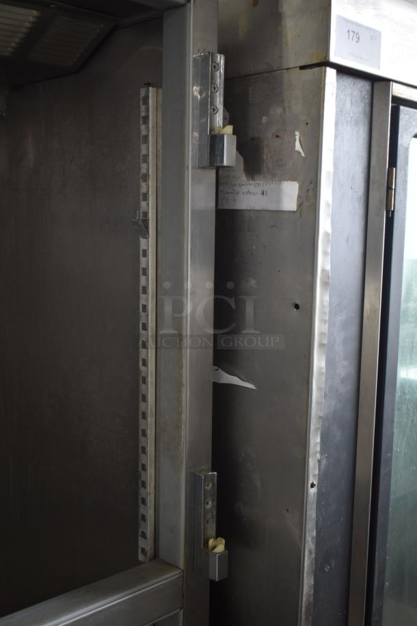 Beverage Air PF48-1AHS commercial reach-in cooler missing doors, 115 volts, 1 phase. Visible shelves and interior markings.