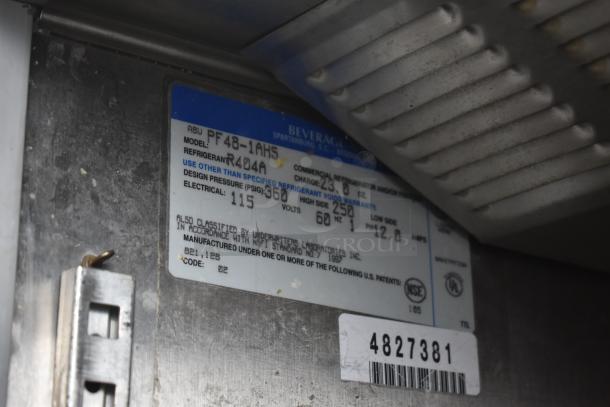 Beverage Air PF48-1AHS cooler label showing model, 115 volts, 1 phase, missing doors, NSF and UL marks.