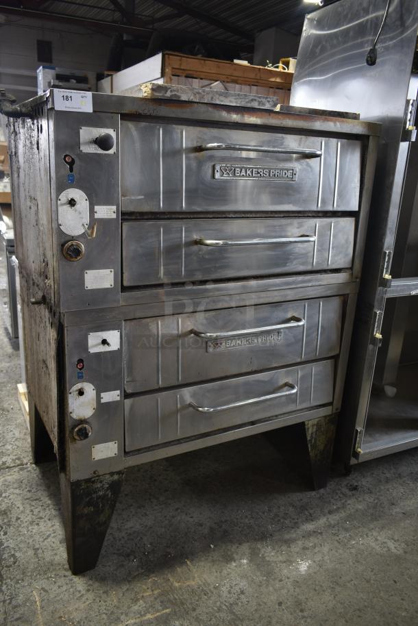 Bakers Pride commercial gas pizza oven, dual-deck, stainless steel, model details visible, used condition, auction tag marked "181".