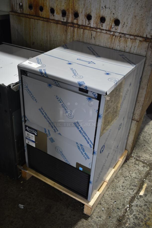 BRAND NEW Avantco 194EUCF160A Ice Machine, 159 lb., 44 lb. bin, 115V, with protective packaging, on wooden pallet.