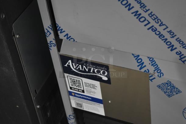 Brand new Avantco 194EUCF160A undercounter ice machine; QR codes visible; 159 lb. capacity; minor scratches.